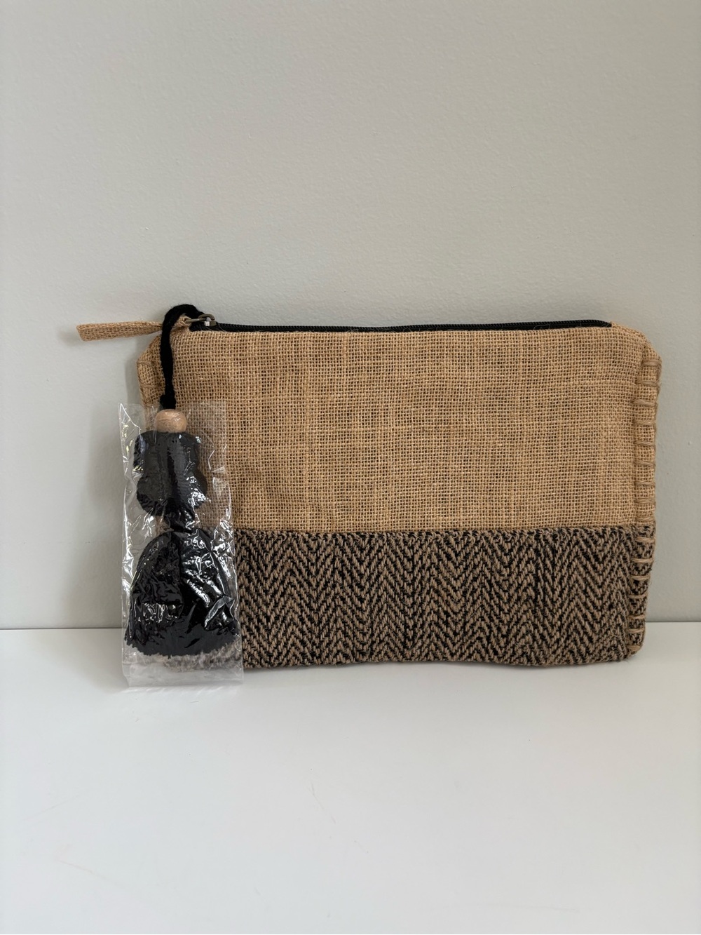 Sidney Byron Natural Woven Jute Zippered Clutch Pouch with Tassel